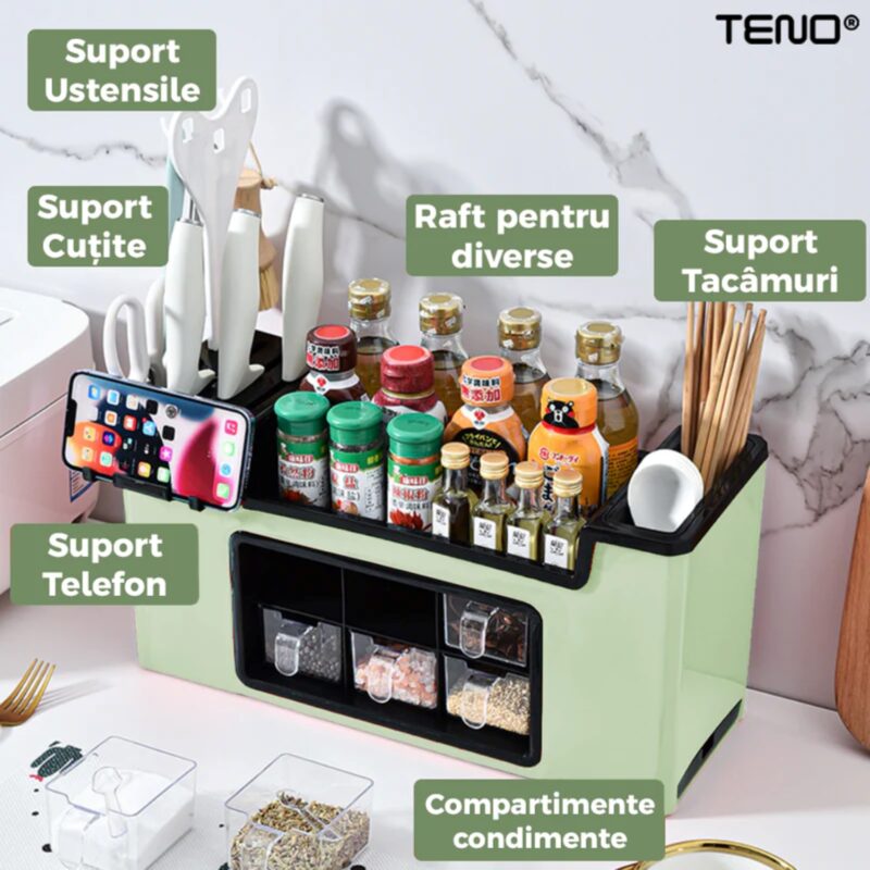 Organizator Multifunctional pentru Bucatarie cu 6 Compartimente Pentru Condimente, Tavita de Scurgere, Suport Tacamuri/Ustensile, TENO683