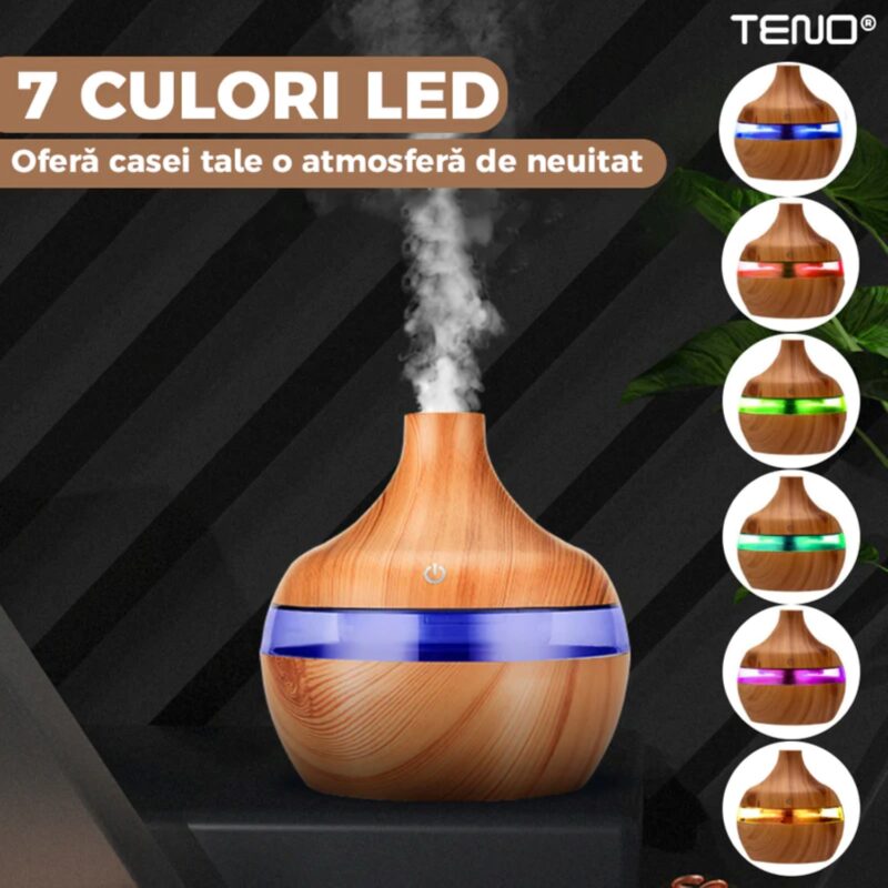 Difuzor Aromaterapie, Umidificator cu Ecran Tactil, 7 culori LED, Capacitate 200ml, Silentios, Rezerva Inclusa, Stejar Deschis, TENO209