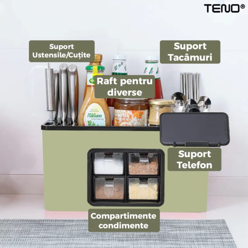 Organizator Multifunctional pentru Bucatarie cu 4 Compartimente Pentru Condimente, Tavita de Scurgere, Suport Tacamuri/Ustensile, TENO536