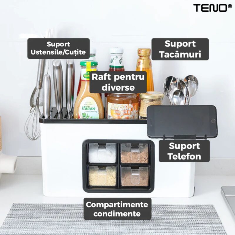 Organizator Multifunctional Pentru Bucatarie cu 4 Compartimente, Raft Condimente, Tavita de Scurgere, Suport Tacamuri/Ustensile, TENO534