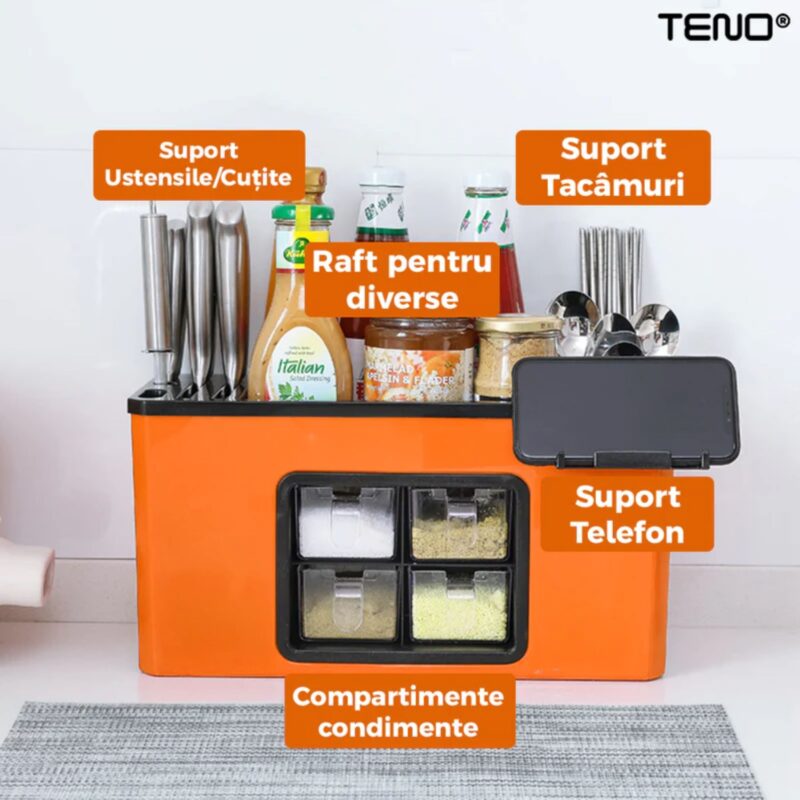 Organizator Multifunctional Pentru Bucatarie cu 4 Compartimente, Raft Condimente, Tavita de Scurgere, Suport Tacamuri/Ustensile, TENO603