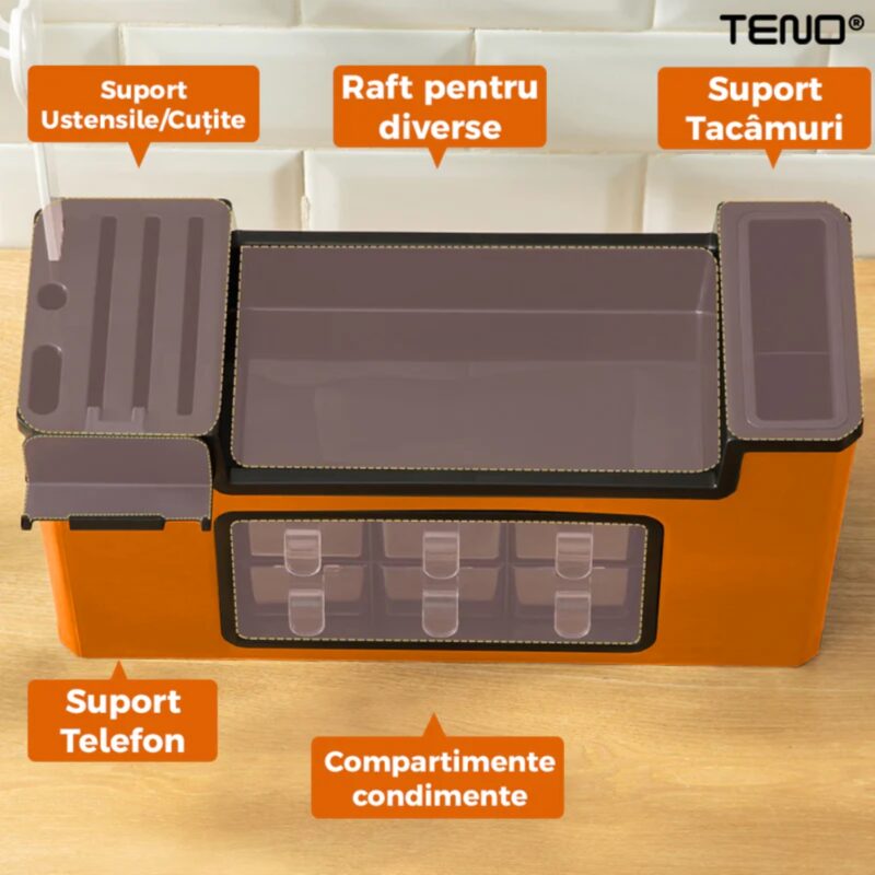 Organizator Multifunctional Pentru Bucatarie cu 6 Compartimente, Raft Condimente, Tavita de Scurgere, Suport Tacamuri/Ustensile, TENO601