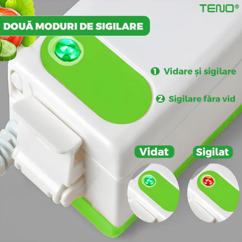 Aparat de Sigilat si Vidat Alimente si Obiecte, Vidare Umeda/Uscata/Soft, 90W, 220V, Portabil, Alb/Verde, TENO1311