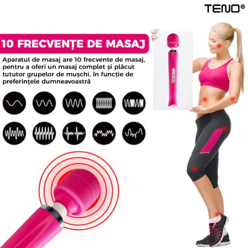 Aparat de Masaj cu 10 Frecvente de Vibratii, Pentru Dureri Musculare, Rezistent la Apa, USB, Roz, TENO1094