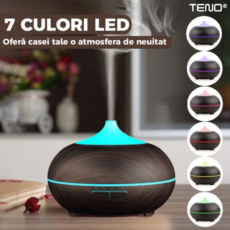 Difuzor Aromaterapie, Umidificator cu 2 Jocuri de Lumini, Control Prin Telecomanda, 7 culori LED, 500ml, TENO212