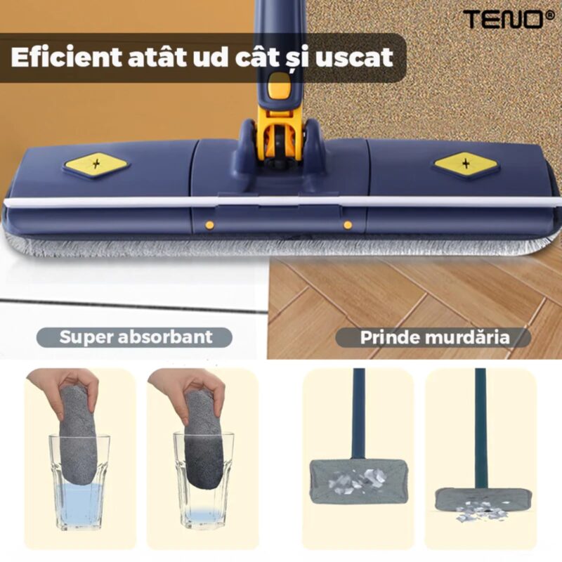 Mop Telescopic cu Cap Dreptunghiular, Rotire 360 Grade, 4 Lavete Incluse, 105 cm, Albastru/Galben, TENO641