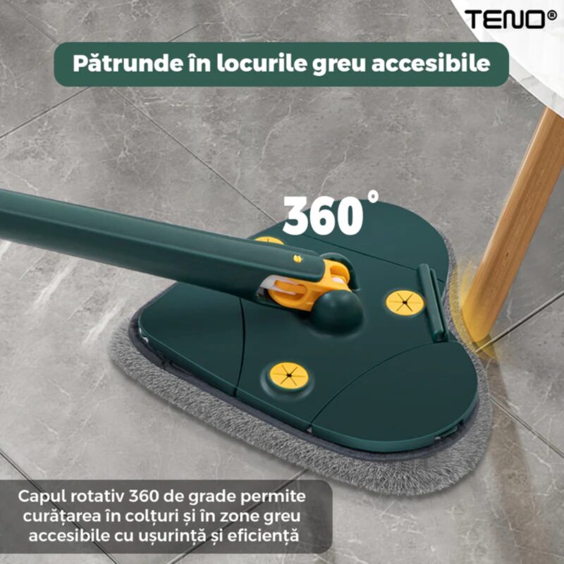 Mop Telescopic cu Cap in Forma de Inima, Rotire 360 Grade, 3 Lavete Incluse, 127 cm, Verde/Galben, TENO1156