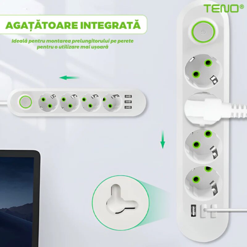 Prelungitor Universal cu 5 Prize, 3 Porturi USB, Suport de Agatare Incorporat, Rezistent la Temperaturi Inalte, 3 Metri, Alb, TENO1278