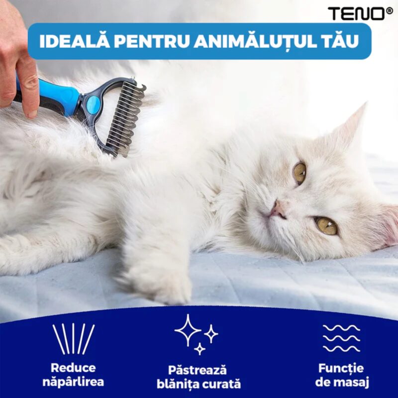 Perie de Par Caini, Pisici, Animale, Tesala si Perie Trimmer 2 in 1, Anti-Naparlire, Descalcire Blana, Pentru Tuns par Scurt si Lung, TENO430