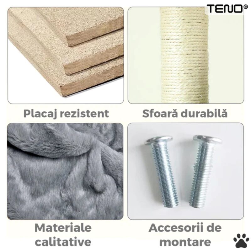 Ansamblu de Joaca Pentru Pisici cu 3 Platforme de Observatie, 3 Niveluri, 1 Casuta, Franghie si Minge, Stalpi Pentru Zgariat, 110 cm, TENO320