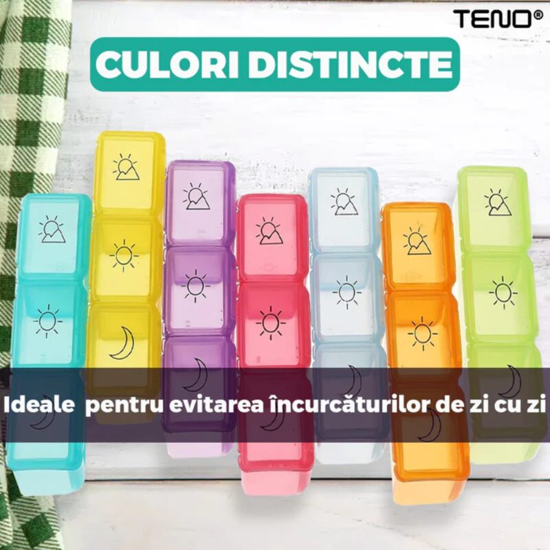 Cutie Organizatoare de Medicamente, Recipiente Detasabile cu 3 Compartimente, 20 x 11 cm, Multicolor, TENO750