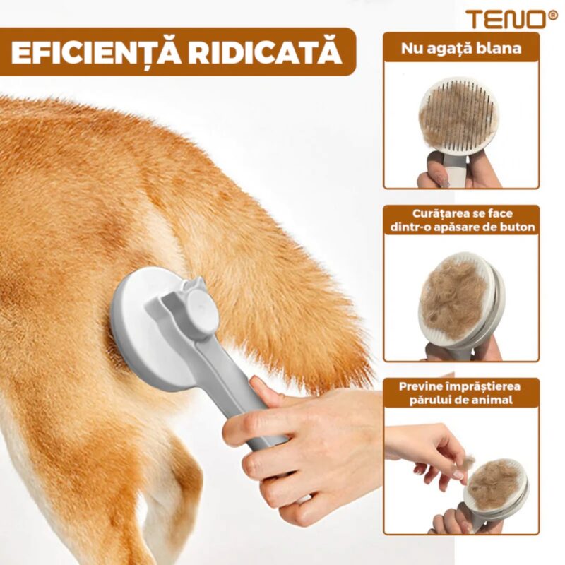 Perie Pentru Curatarea si Ingrijirea Animalelor, Buton Auto-Curatare, Descalcire si Prevenire Naparlire, Ingrijire si Tundere Blana, 18.5x7.5 cm, TENO1129