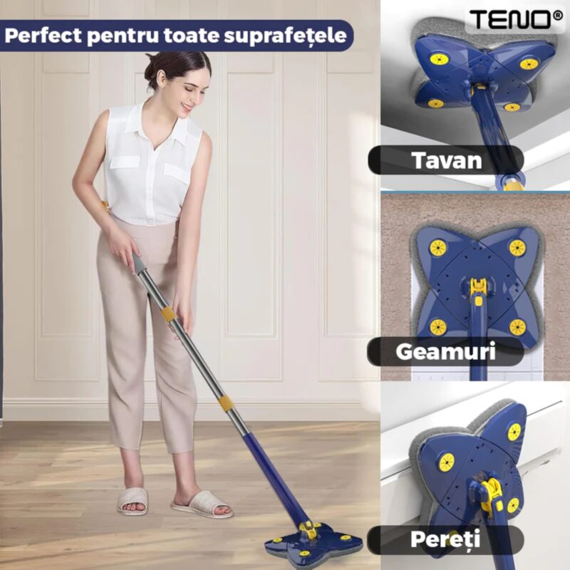 Mop Telescopic cu Cap in Forma de Stea, Rotire 360 Grade, Curatare Usoara, 123 cm, Albastru/Galben, TENO1154