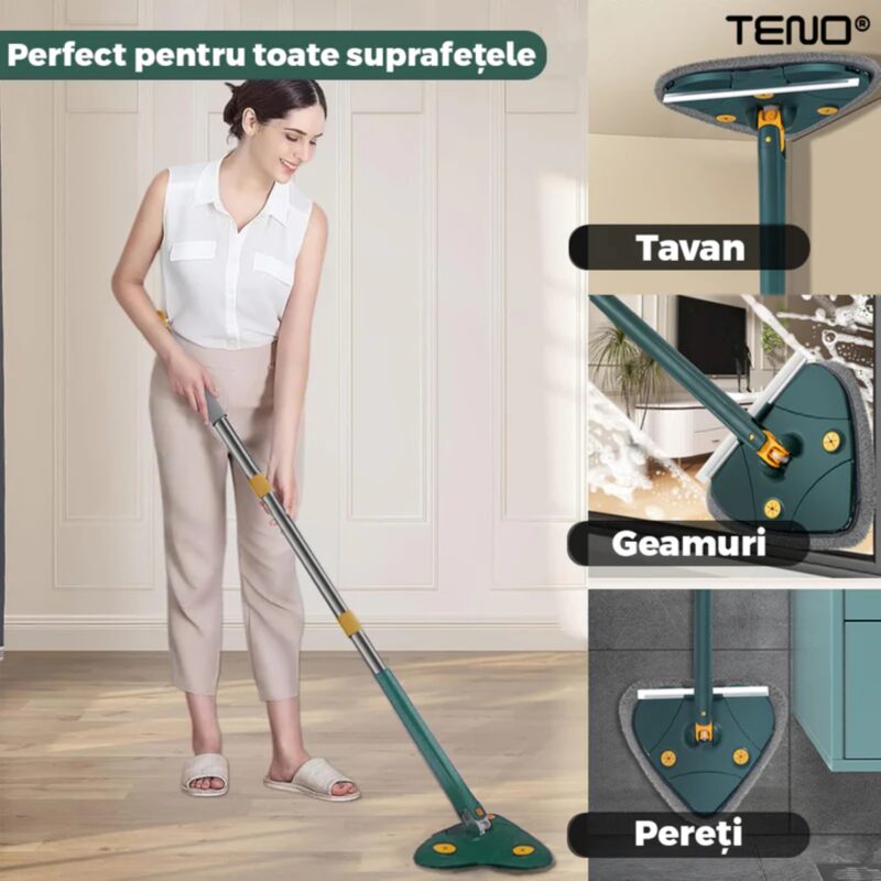 Mop Telescopic cu Cap in Forma de Inima, Rotire 360 Grade, 3 Lavete Incluse, 127 cm, Verde/Galben, TENO1156