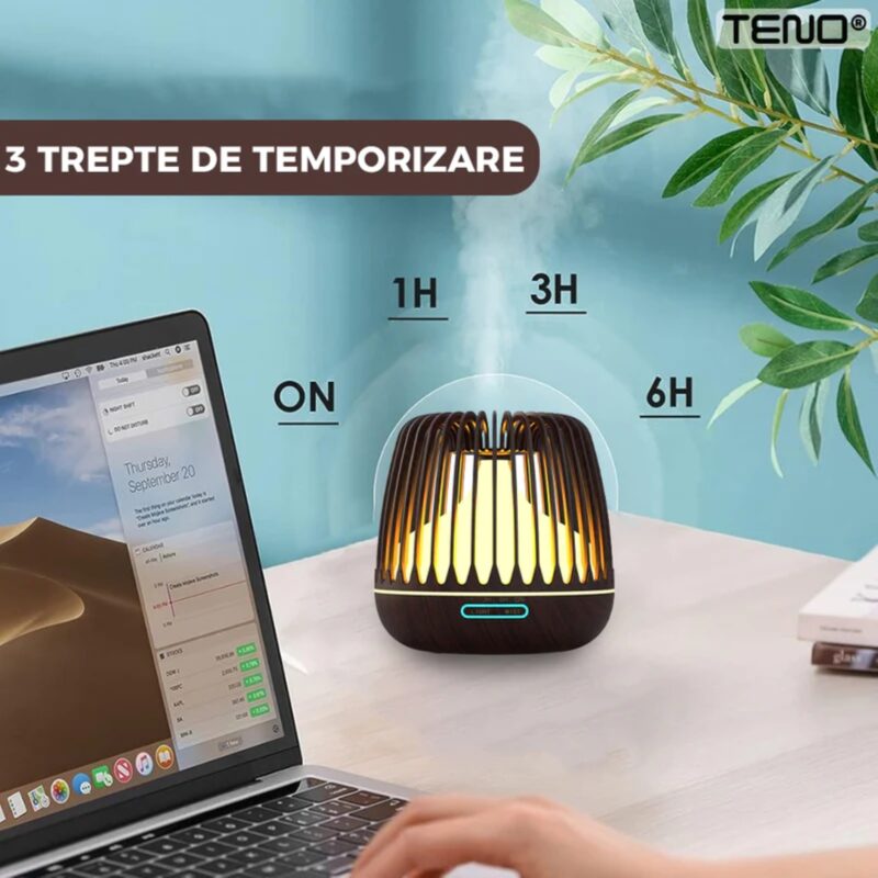 Difuzor Aromaterapie, Umidificator Silentios cu Lumini Ambientale, Control Manual, 3 Trepte de Temporizare, 500ml, Stejar Inchis, TENO222