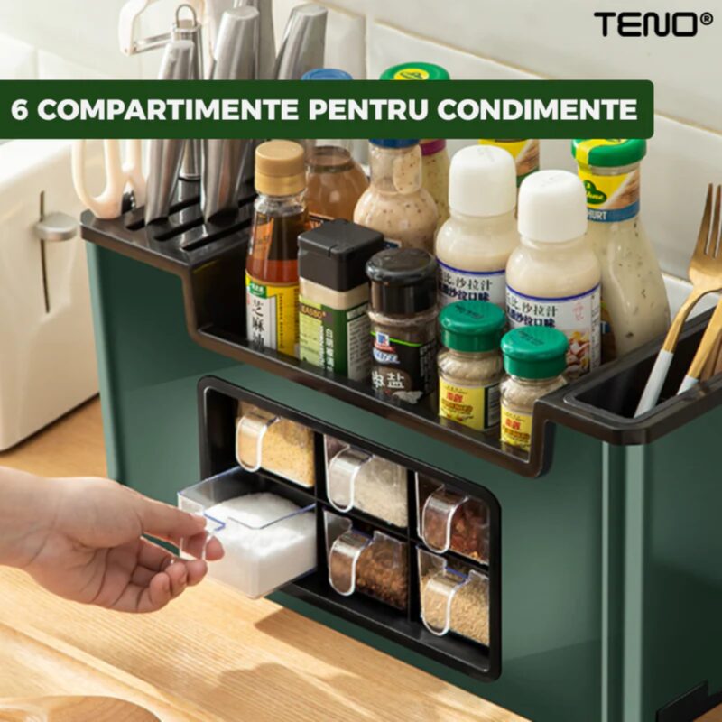 Organizator Multifunctional, 6 Compartimente, Raft Condimente, Suport Telefon, Tavita de Scurgere, Suport Tacamuri/Ustensile, TENO533