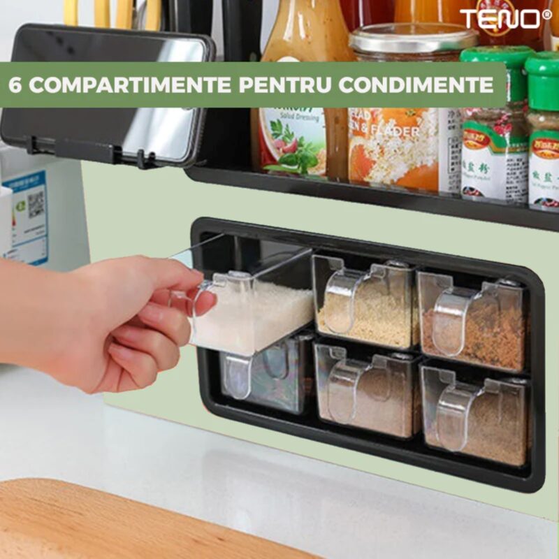 Organizator Multifunctional pentru Bucatarie cu 6 Compartimente Pentru Condimente, Tavita de Scurgere, Suport Tacamuri/Ustensile, TENO683