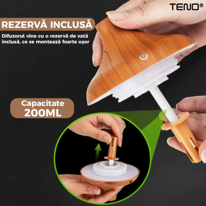 Difuzor Aromaterapie, Umidificator cu Ecran Tactil, 7 culori LED, Capacitate 200ml, Silentios, Rezerva Inclusa, Stejar Deschis, TENO209