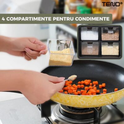 Organizator Multifunctional pentru Bucatarie cu 4 Compartimente Pentru Condimente, Tavita de Scurgere, Suport Tacamuri/Ustensile, TENO536