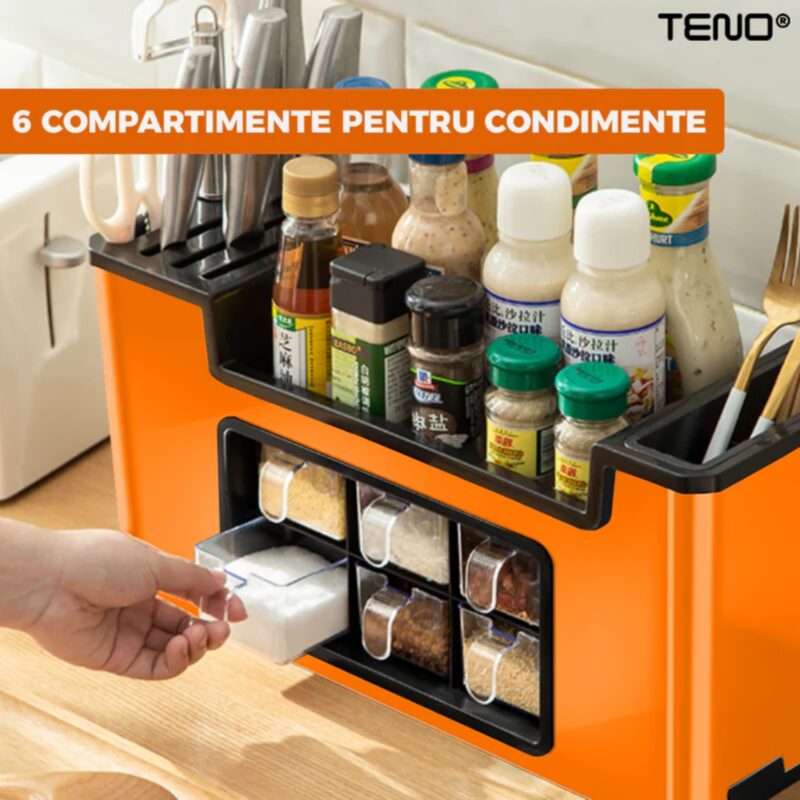 Organizator Multifunctional Pentru Bucatarie cu 6 Compartimente, Raft Condimente, Tavita de Scurgere, Suport Tacamuri/Ustensile, TENO601