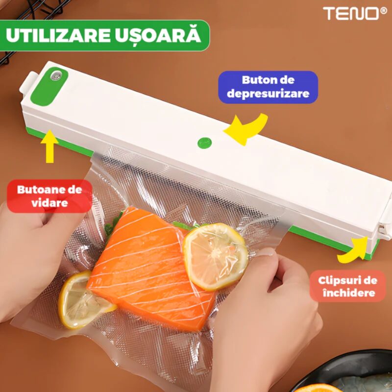 Aparat de Sigilat si Vidat Alimente si Obiecte, Vidare Umeda/Uscata/Soft, 90W, 220V, Portabil, Alb/Verde, TENO1311