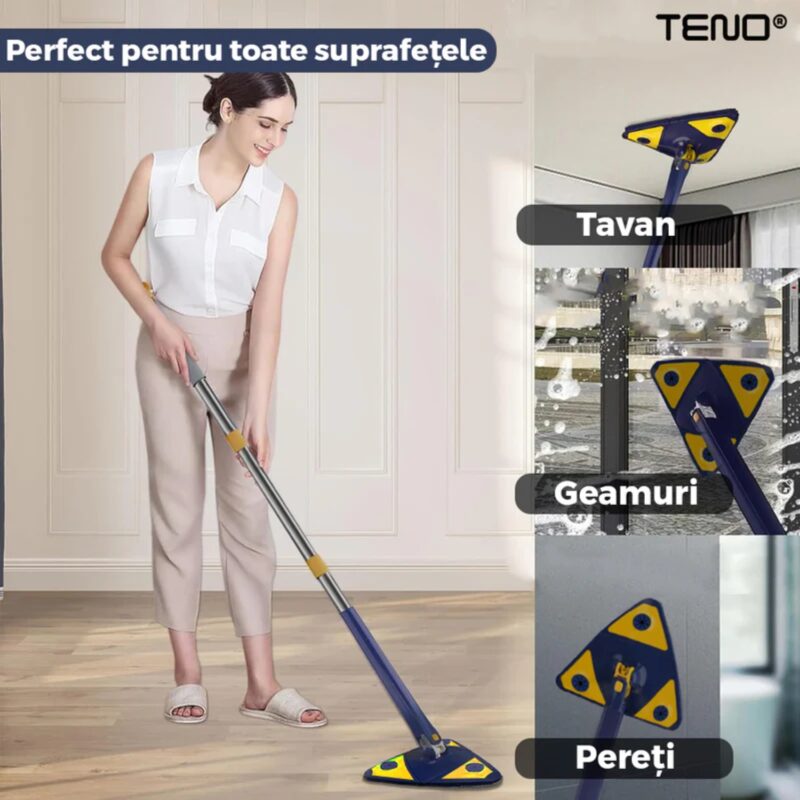 Mop Telescopic cu Cap Triunghiular, Rotire 360 Grade, 127 cm, Albastru/Galben, TENO1146