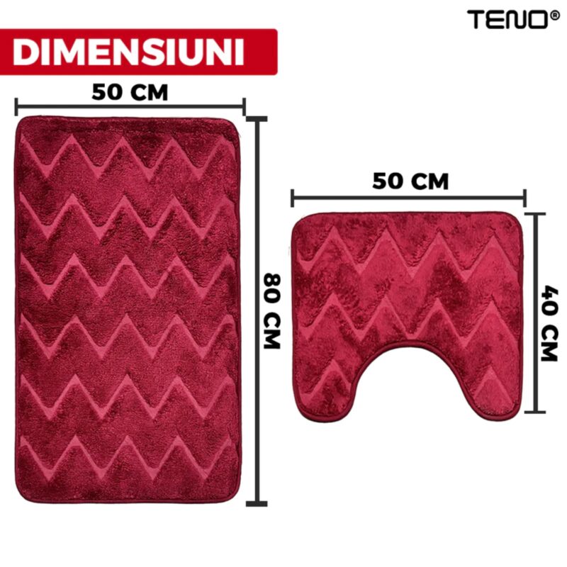 Set 2 Covorase de Baie, Anti-derapante, Material Moale, Design Modern, Model Romburi, 80x50 / 50x40cm, Rosu, TENO1018