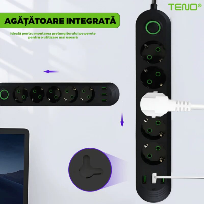 Prelungitor Universal cu 5 Prize, 3 Porturi USB, Suport de Agatare Incorporat, Rezistent la Temperaturi Inalte, 3 Metri, Negru, TENO1279