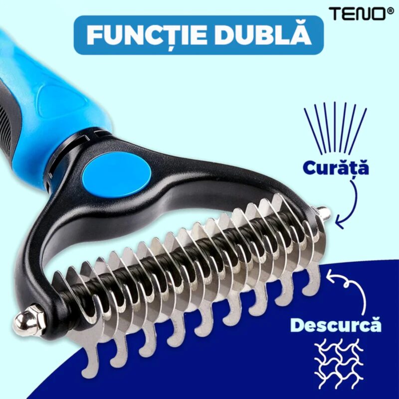 Perie de Par Caini, Pisici, Animale, Tesala si Perie Trimmer 2 in 1, Anti-Naparlire, Descalcire Blana, Pentru Tuns par Scurt si Lung, TENO430