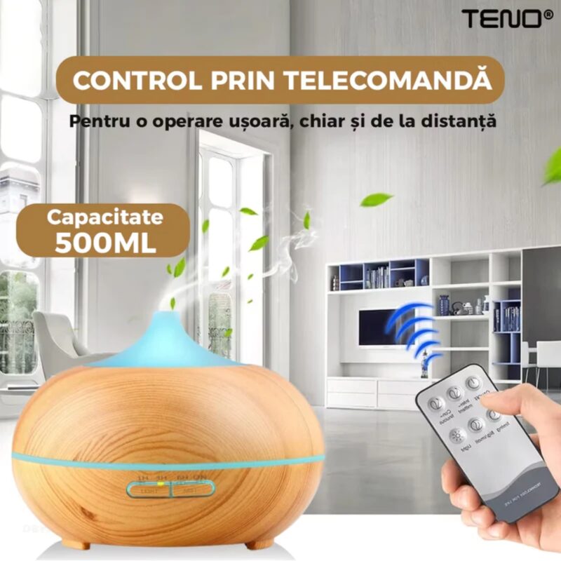 Difuzor Aromaterapie, Umidificator Silentios, 7 Culori LED, 2 Jocuri de Lumini, Control Prin Telecomanda, 500ml, TENO324