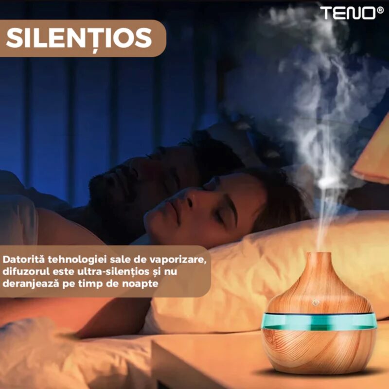 Difuzor Aromaterapie, Umidificator cu Ecran Tactil, 7 culori LED, Capacitate 200ml, Silentios, Rezerva Inclusa, Stejar Deschis, TENO209