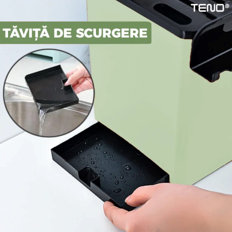 Organizator Multifunctional pentru Bucatarie cu 6 Compartimente Pentru Condimente, Tavita de Scurgere, Suport Tacamuri/Ustensile, TENO683