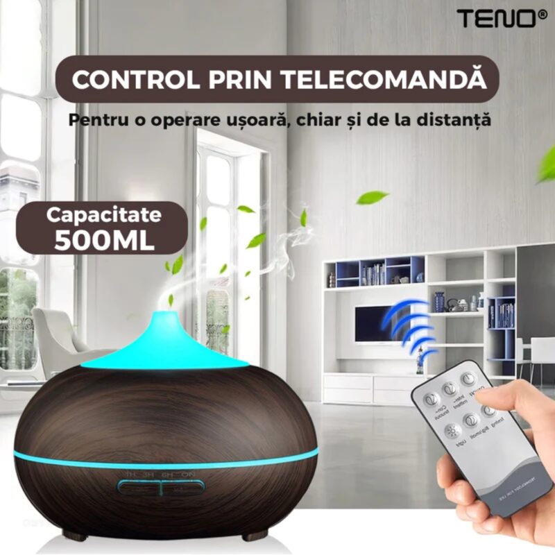 Difuzor Aromaterapie, Umidificator cu 2 Jocuri de Lumini, Control Prin Telecomanda, 7 culori LED, 500ml, TENO212