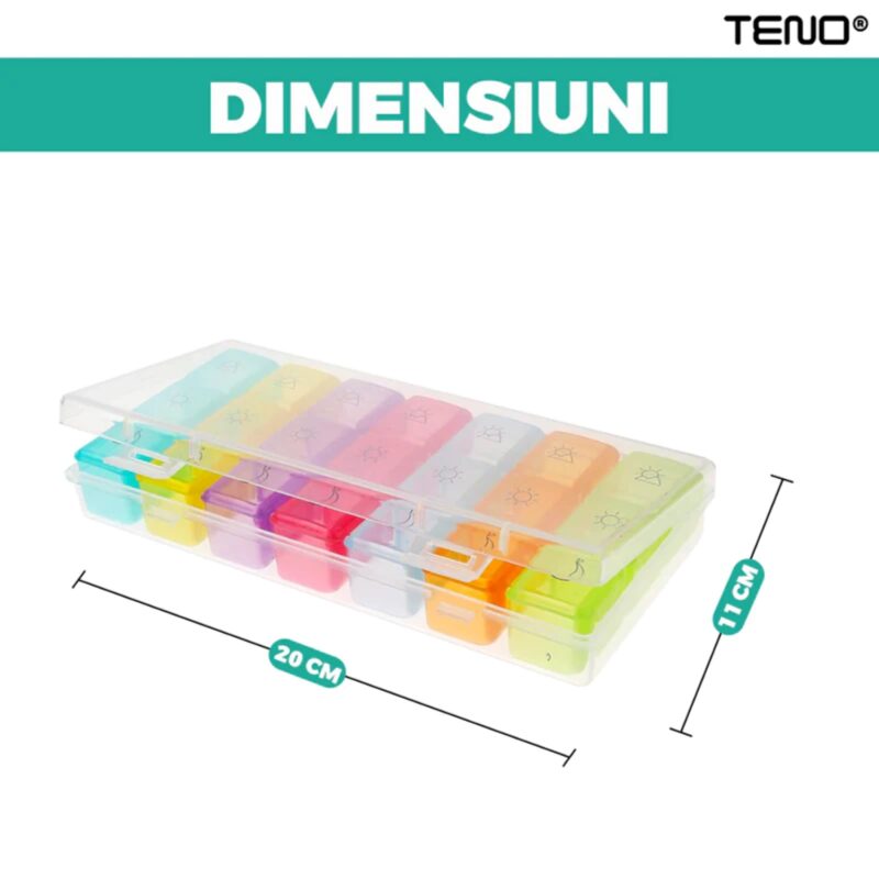 Cutie Organizatoare de Medicamente, Recipiente Detasabile cu 3 Compartimente, 20 x 11 cm, Multicolor, TENO750