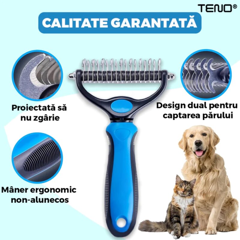 Perie de Par Caini, Pisici, Animale, Tesala si Perie Trimmer 2 in 1, Anti-Naparlire, Descalcire Blana, Pentru Tuns par Scurt si Lung, TENO430