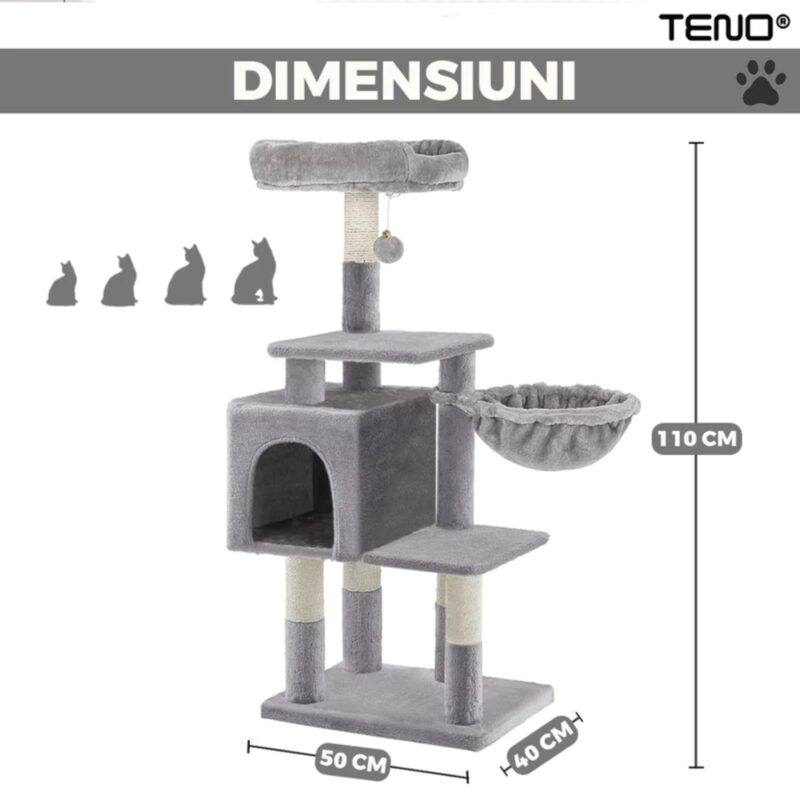 Ansamblu de Joaca Pentru Pisici cu 3 Platforme de Observatie, 3 Niveluri, 1 Casuta, Franghie si Minge, Stalpi Pentru Zgariat, 110 cm, TENO320