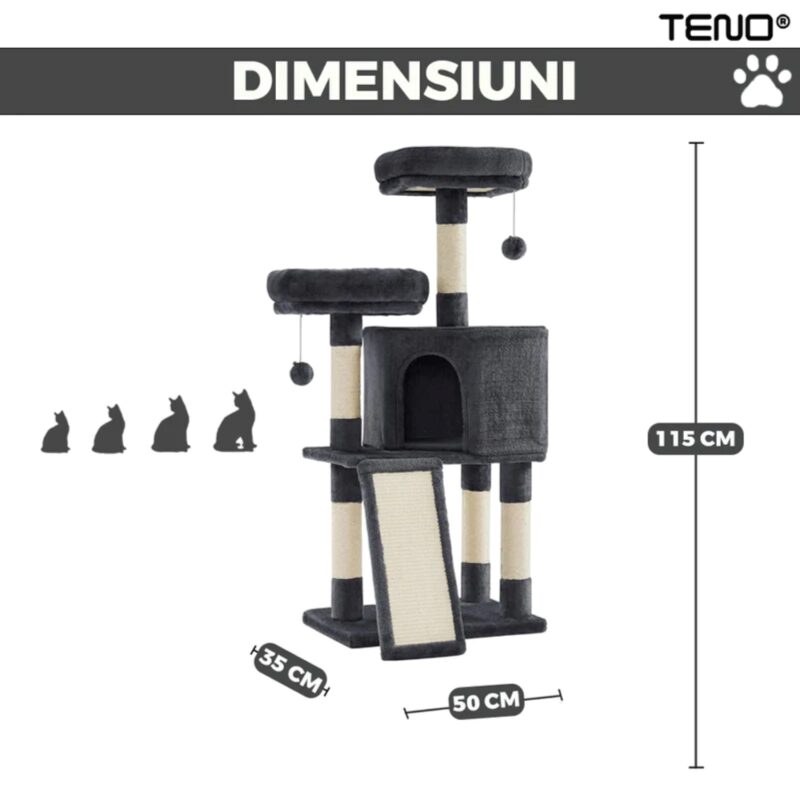 Ansamblu de Joaca Pentru Pisici cu 2 Platforme de Observatie, 3 Niveluri, Scara, Franghie si Mingiute, Stalpi Pentru Zgariat, 115 cm, TENO630