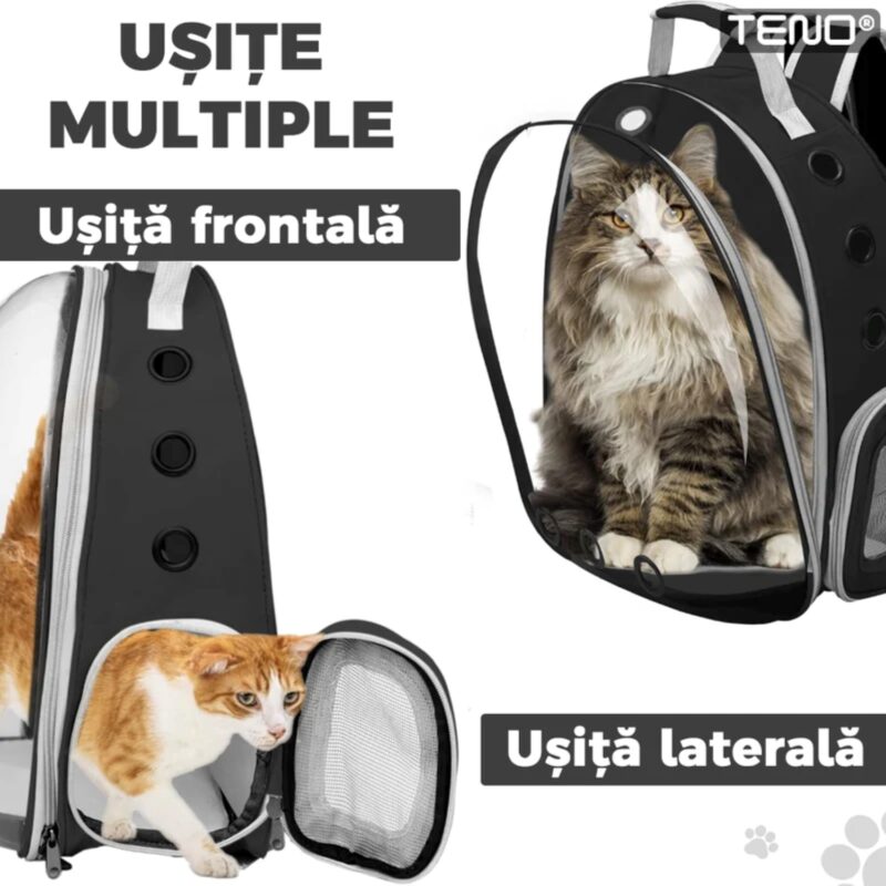 Rucsac Transport Animale, Greutate Max 7kg, Hublou Panoramic Transparent, Buzunar Lateral, 2 Iesiri, Talie Mica, TENO372