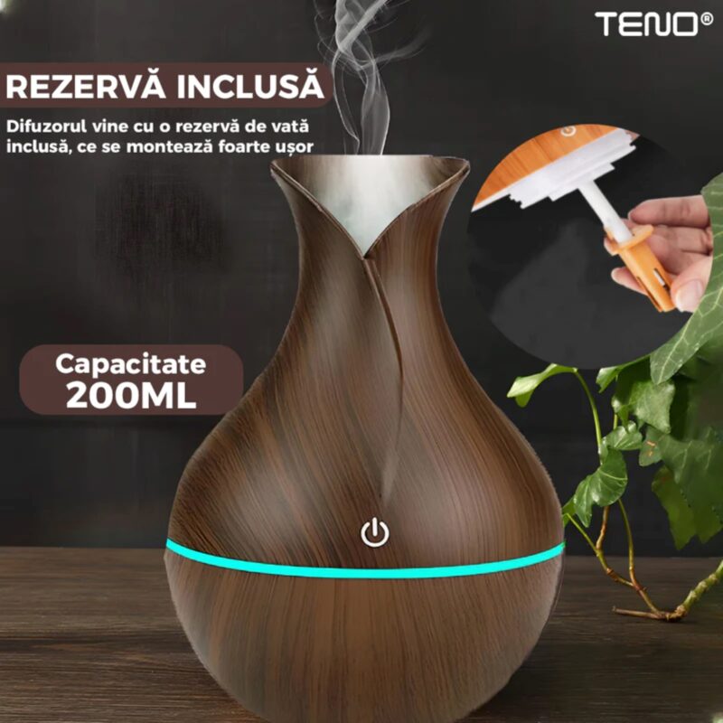 Difuzor Aromaterapie, Umidificator Silentios cu Lumini Ambientale, Control Tactil, Alimentare USB, Rezerva, Capacitate 200ml, TENO220