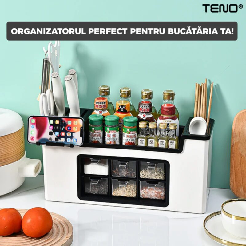 Organizator Multifunctional Pentru Bucatarie cu 6 Compartimente Pentru Condimente, Ustensile, Tavita Scurgere, Suport Telefon, TENO531