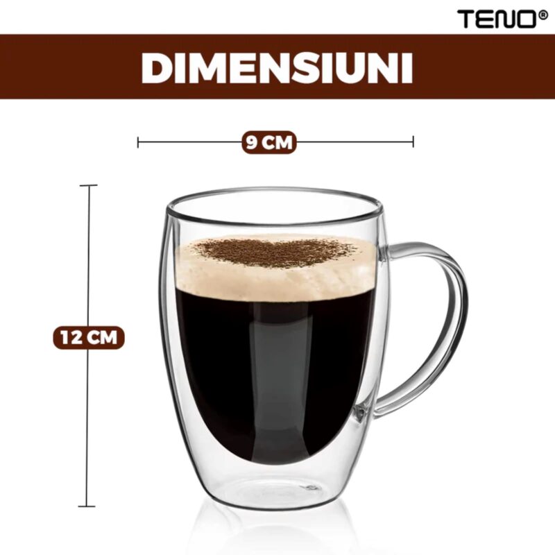 Set 2 Cani de Sticla cu Perete Dublu Termorezistente, Model Rotund, Capacitate 350 ml, 12x9 cm, TENO858