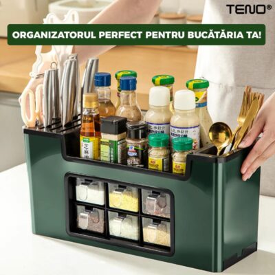 Organizator Multifunctional, 6 Compartimente, Raft Condimente, Suport Telefon, Tavita de Scurgere, Suport Tacamuri/Ustensile, TENO533