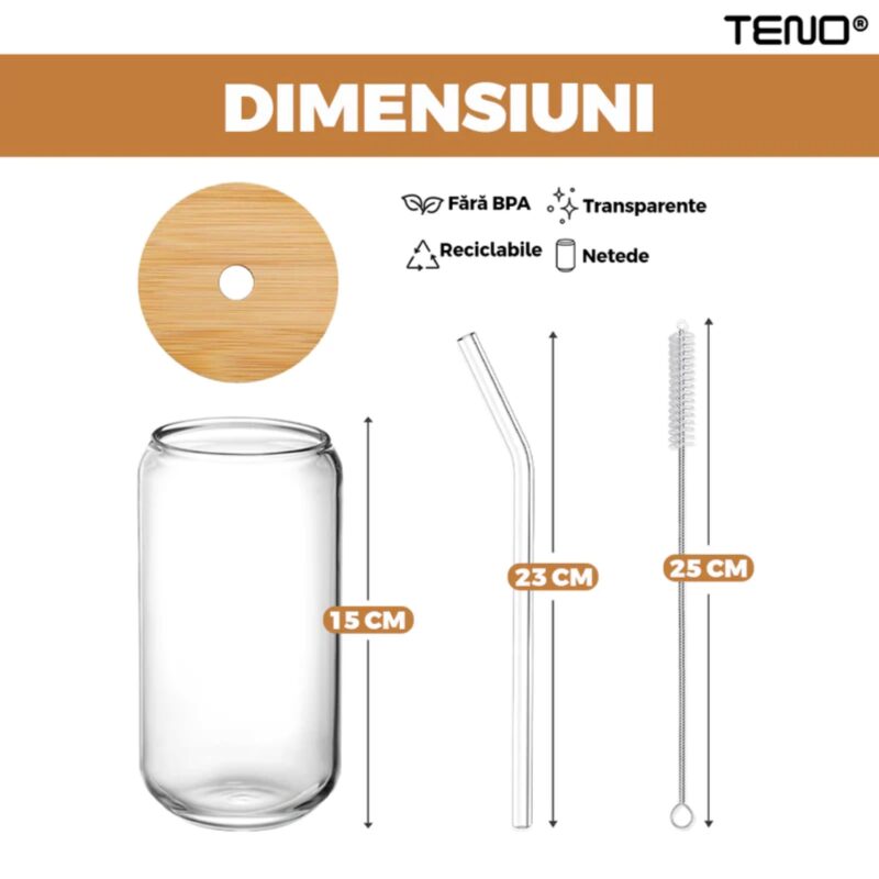 Set 4 Pahare de Sticla Borosilicata, Capac Din Bambus si Pai, Perie Pentru Curatare, Termorezistente, 500 ml, 15 cm, TENO1005