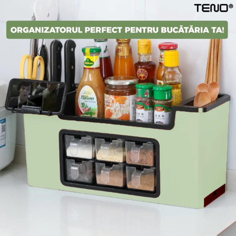 Organizator Multifunctional pentru Bucatarie cu 6 Compartimente Pentru Condimente, Tavita de Scurgere, Suport Tacamuri/Ustensile, TENO683