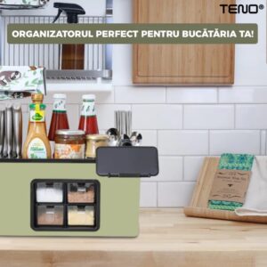 Organizator Multifunctional pentru Bucatarie cu 4 Compartimente Pentru Condimente, Tavita de Scurgere, Suport Tacamuri/Ustensile, TENO536