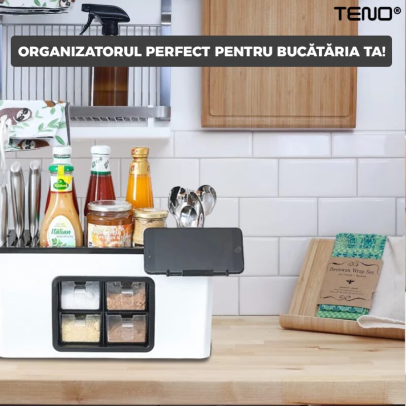 Organizator Multifunctional Pentru Bucatarie cu 4 Compartimente, Raft Condimente, Tavita de Scurgere, Suport Tacamuri/Ustensile, TENO534