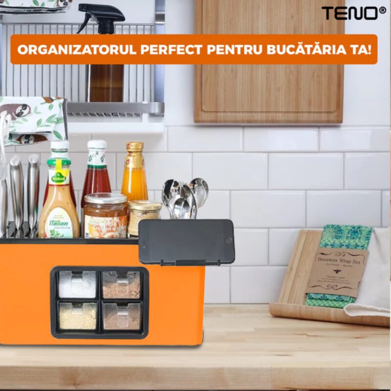 Organizator Multifunctional Pentru Bucatarie cu 4 Compartimente, Raft Condimente, Tavita de Scurgere, Suport Tacamuri/Ustensile, TENO603