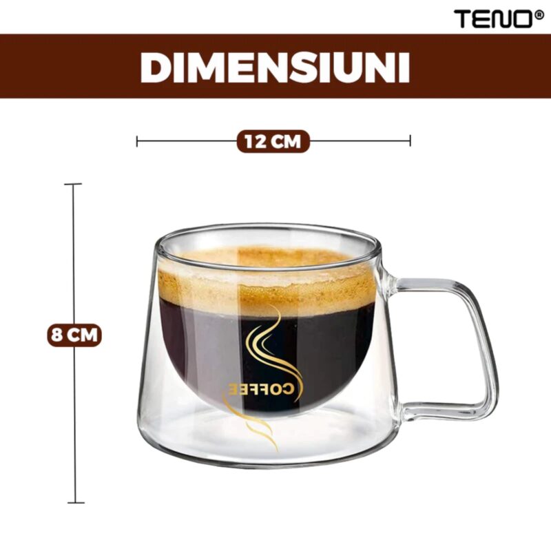 Set 2 Cani de Sticla cu Perete Dublu, Model COFFEE, Design Modern, Termorezistente, 200 ml, 12x8 cm, TENO1003