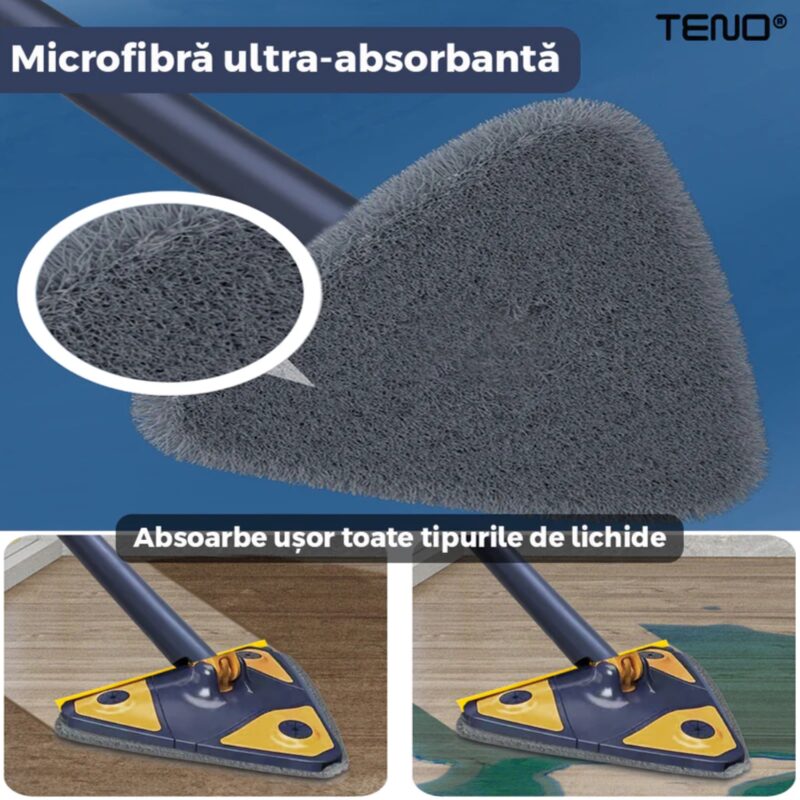 Mop Telescopic cu Cap Triunghiular, Rotire 360 Grade, 127 cm, Albastru/Galben, TENO1146