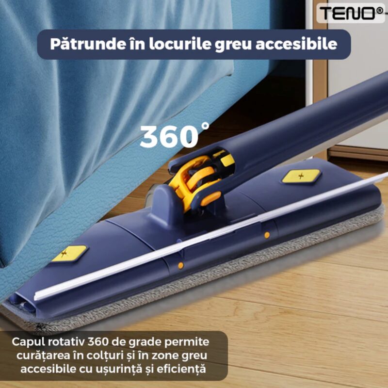 Mop Telescopic cu Cap Dreptunghiular, Rotire 360 Grade, 4 Lavete Incluse, 105 cm, Albastru/Galben, TENO641